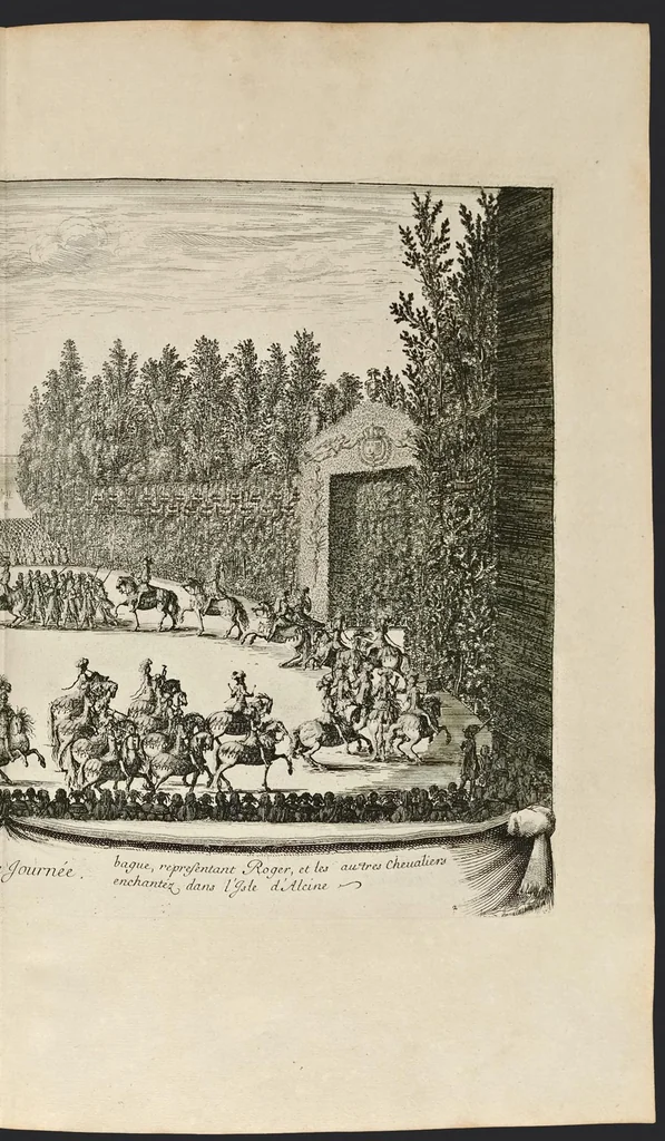 An illustration from Les plaisirs de l'isle enchantée : course de bague : collation ornée de machines, comedie, meslée de danse et de musiq́ue, ballet du palais d'Alcine, feu d'artifice et autres festes galantes et magnifiques faites par le Roy a Versailles, le VII. may M.DC.LXIV, et continuées plusieurs autres jours, 1673, leaf 32