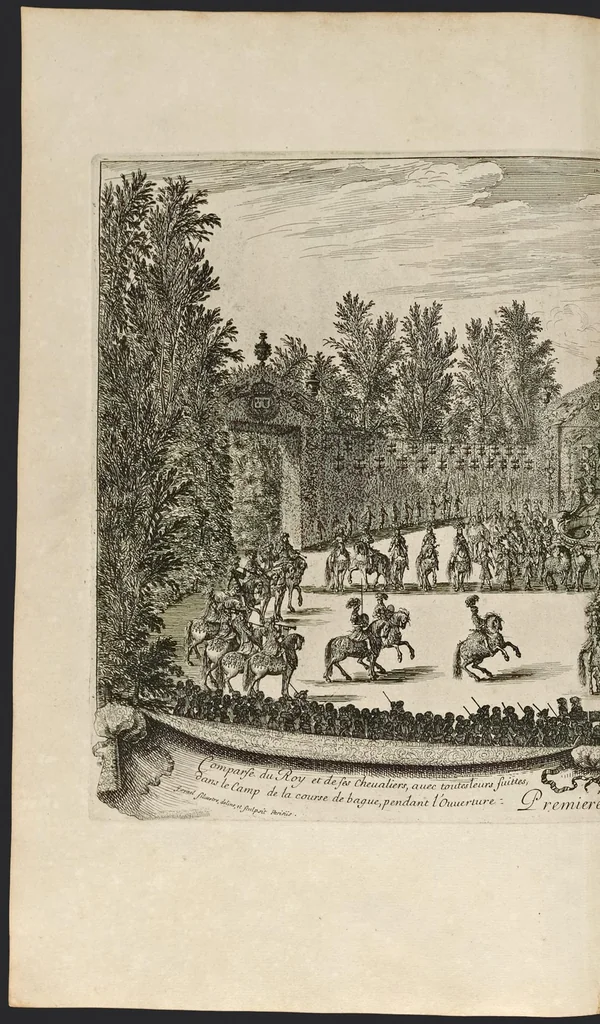 An illustration from Les plaisirs de l'isle enchantée : course de bague : collation ornée de machines, comedie, meslée de danse et de musiq́ue, ballet du palais d'Alcine, feu d'artifice et autres festes galantes et magnifiques faites par le Roy a Versailles, le VII. may M.DC.LXIV, et continuées plusieurs autres jours, 1673, leaf 35