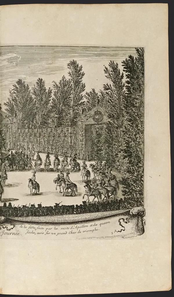 An illustration from Les plaisirs de l'isle enchantée : course de bague : collation ornée de machines, comedie, meslée de danse et de musiq́ue, ballet du palais d'Alcine, feu d'artifice et autres festes galantes et magnifiques faites par le Roy a Versailles, le VII. may M.DC.LXIV, et continuées plusieurs autres jours, 1673, leaf 36