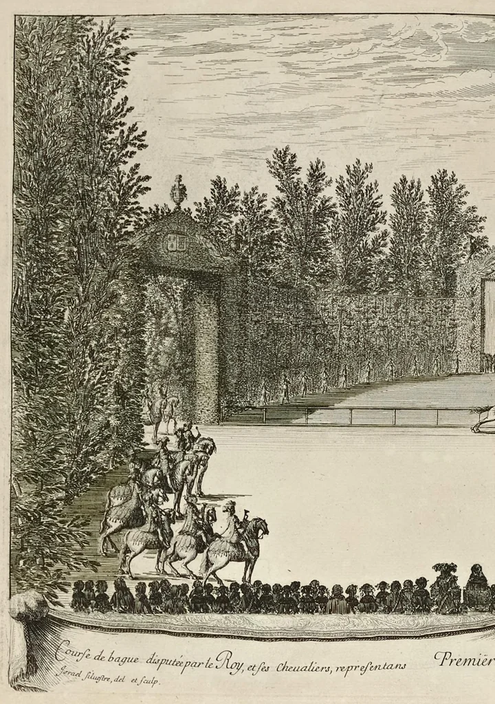 An illustration from Les plaisirs de l'isle enchantée : course de bague : collation ornée de machines, comedie, meslée de danse et de musiq́ue, ballet du palais d'Alcine, feu d'artifice et autres festes galantes et magnifiques faites par le Roy a Versailles, le VII. may M.DC.LXIV, et continuées plusieurs autres jours, 1673, leaf 39