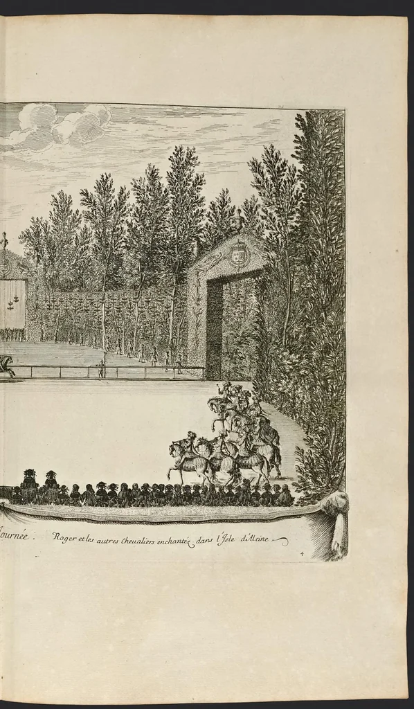 An illustration from Les plaisirs de l'isle enchantée : course de bague : collation ornée de machines, comedie, meslée de danse et de musiq́ue, ballet du palais d'Alcine, feu d'artifice et autres festes galantes et magnifiques faites par le Roy a Versailles, le VII. may M.DC.LXIV, et continuées plusieurs autres jours, 1673, leaf 40