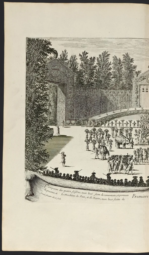 An illustration from Les plaisirs de l'isle enchantée : course de bague : collation ornée de machines, comedie, meslée de danse et de musiq́ue, ballet du palais d'Alcine, feu d'artifice et autres festes galantes et magnifiques faites par le Roy a Versailles, le VII. may M.DC.LXIV, et continuées plusieurs autres jours, 1673, leaf 43