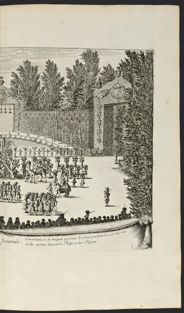 An illustration from Les plaisirs de l'isle enchantée : course de bague : collation ornée de machines, comedie, meslée de danse et de musiq́ue, ballet du palais d'Alcine, feu d'artifice et autres festes galantes et magnifiques faites par le Roy a Versailles, le VII. may M.DC.LXIV, et continuées plusieurs autres jours, 1673, leaf 44