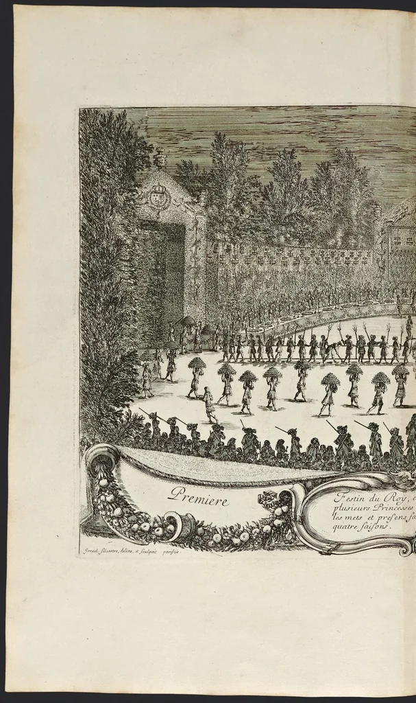 An illustration from Les plaisirs de l'isle enchantée : course de bague : collation ornée de machines, comedie, meslée de danse et de musiq́ue, ballet du palais d'Alcine, feu d'artifice et autres festes galantes et magnifiques faites par le Roy a Versailles, le VII. may M.DC.LXIV, et continuées plusieurs autres jours, 1673, leaf 47