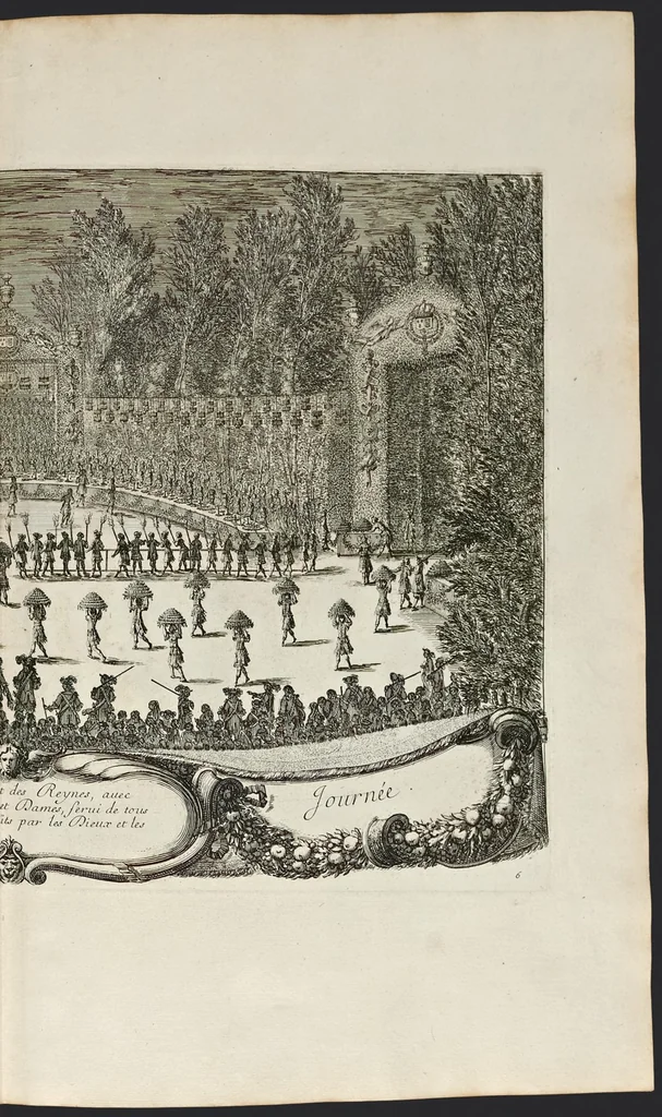 An illustration from Les plaisirs de l'isle enchantée : course de bague : collation ornée de machines, comedie, meslée de danse et de musiq́ue, ballet du palais d'Alcine, feu d'artifice et autres festes galantes et magnifiques faites par le Roy a Versailles, le VII. may M.DC.LXIV, et continuées plusieurs autres jours, 1673, leaf 48