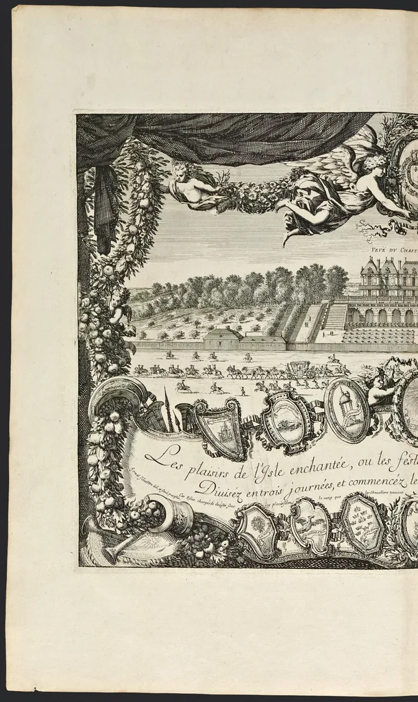 An illustration from Les plaisirs de l'isle enchantée : course de bague : collation ornée de machines, comedie, meslée de danse et de musiq́ue, ballet du palais d'Alcine, feu d'artifice et autres festes galantes et magnifiques faites par le Roy a Versailles, le VII. may M.DC.LXIV, et continuées plusieurs autres jours, 1673, leaf 9