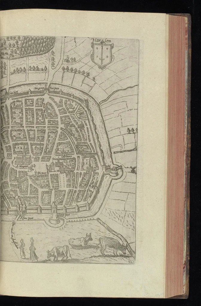 An illustration from Descrittione di m. Lodovico Gvicciardini, gentilhvomo fiorentino, di tvtti i paesi Bassi, altrimenti detti Germania inferiore : con tutte le carte di geographia del paese, & col ritratto al naturale di molte terre principali : riueduta di nuouo, & ampliata per tutto la terza volta dal medesimo autore : con amplissimo indice di tutte le cose piu memorabili, 1588, leaf 402