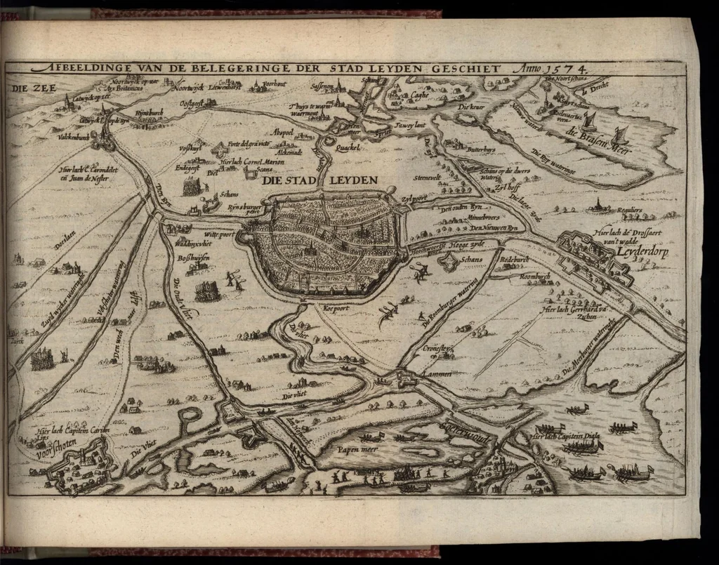 An illustration from Beschrijvinge der stad Leyden : inhoudende 't begin, den voortgang, ende den wasdom der selver : de stichtinghe van der kercken, cloosteren, gasthuysen, ende andere publijcque gestichten, &c : desgelijct de oprechtinge van de Academie, eñ de Collegien Theol. : mitsgader verhael van alle de belegeringen ..., 1614, leaf 360