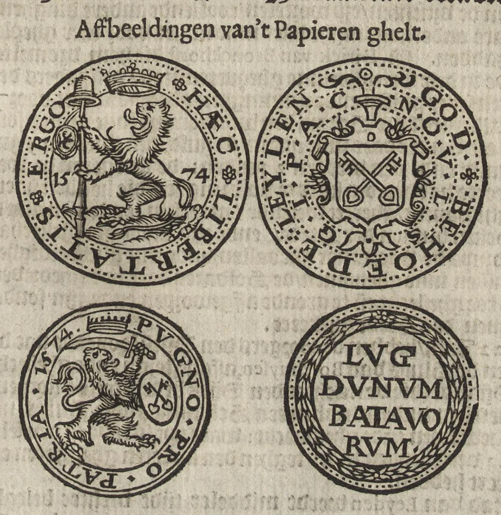 An illustration from Beschrijvinge der stad Leyden : inhoudende 't begin, den voortgang, ende den wasdom der selver : de stichtinghe van der kercken, cloosteren, gasthuysen, ende andere publijcque gestichten, &c : desgelijct de oprechtinge van de Academie, eñ de Collegien Theol. : mitsgader verhael van alle de belegeringen ..., 1614, leaf 388
