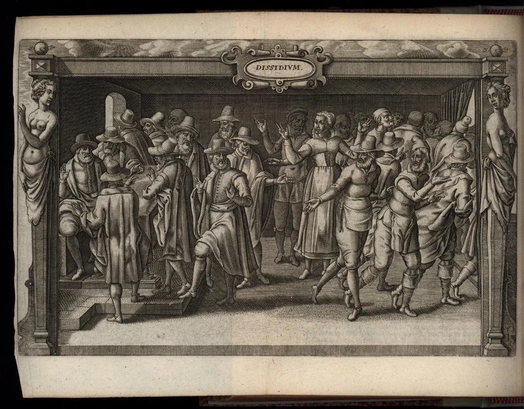 An illustration from Beschrijvinge der stad Leyden : inhoudende 't begin, den voortgang, ende den wasdom der selver : de stichtinghe van der kercken, cloosteren, gasthuysen, ende andere publijcque gestichten, &c : desgelijct de oprechtinge van de Academie, eñ de Collegien Theol. : mitsgader verhael van alle de belegeringen ..., 1614, leaf 415