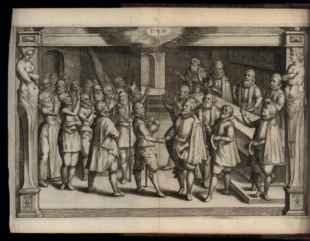 An illustration from Beschrijvinge der stad Leyden : inhoudende 't begin, den voortgang, ende den wasdom der selver : de stichtinghe van der kercken, cloosteren, gasthuysen, ende andere publijcque gestichten, &c : desgelijct de oprechtinge van de Academie, eñ de Collegien Theol. : mitsgader verhael van alle de belegeringen ..., 1614, leaf 417