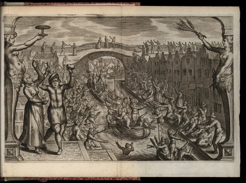 An illustration from Beschrijvinge der stad Leyden : inhoudende 't begin, den voortgang, ende den wasdom der selver : de stichtinghe van der kercken, cloosteren, gasthuysen, ende andere publijcque gestichten, &c : desgelijct de oprechtinge van de Academie, eñ de Collegien Theol. : mitsgader verhael van alle de belegeringen ..., 1614, leaf 452