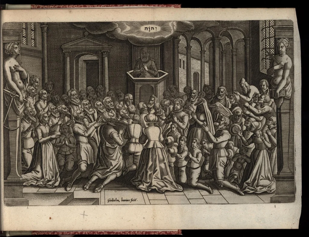 An illustration from Beschrijvinge der stad Leyden : inhoudende 't begin, den voortgang, ende den wasdom der selver : de stichtinghe van der kercken, cloosteren, gasthuysen, ende andere publijcque gestichten, &c : desgelijct de oprechtinge van de Academie, eñ de Collegien Theol. : mitsgader verhael van alle de belegeringen ..., 1614, leaf 454