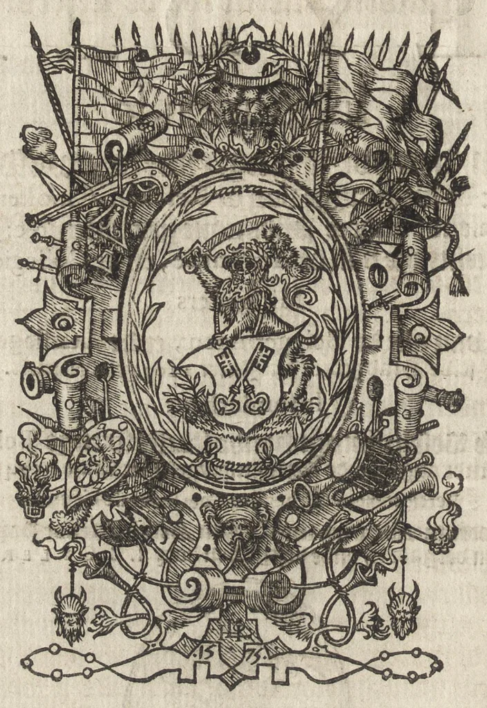 An illustration from Beschrijvinge der stad Leyden : inhoudende 't begin, den voortgang, ende den wasdom der selver : de stichtinghe van der kercken, cloosteren, gasthuysen, ende andere publijcque gestichten, &c : desgelijct de oprechtinge van de Academie, eñ de Collegien Theol. : mitsgader verhael van alle de belegeringen ..., 1614, leaf 5