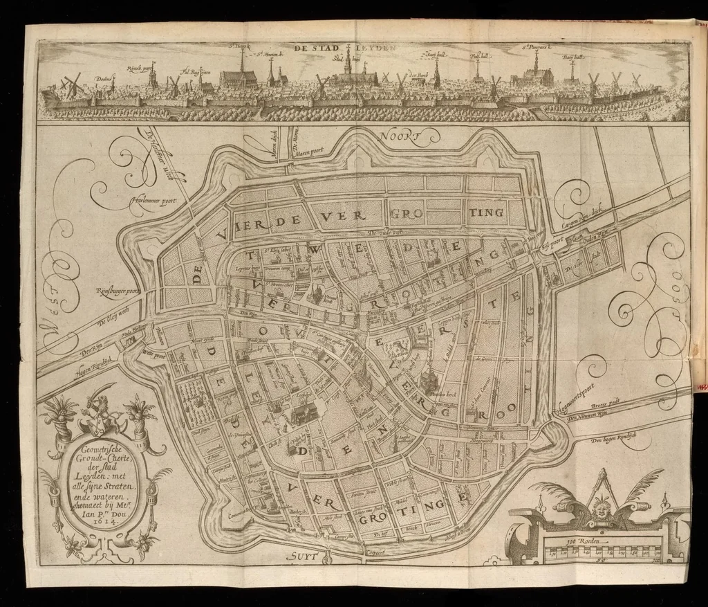 An illustration from Beschrijvinge der stad Leyden : inhoudende 't begin, den voortgang, ende den wasdom der selver : de stichtinghe van der kercken, cloosteren, gasthuysen, ende andere publijcque gestichten, &c : desgelijct de oprechtinge van de Academie, eñ de Collegien Theol. : mitsgader verhael van alle de belegeringen ..., 1614, leaf 63