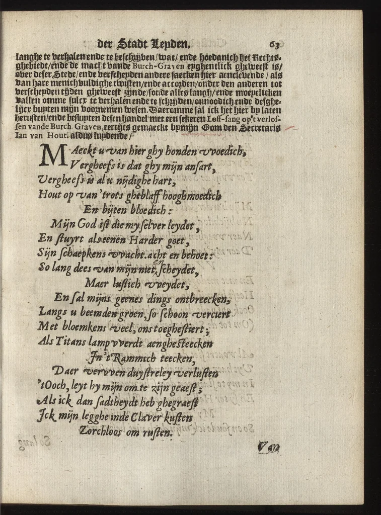 An illustration from Beschrijvinge der stad Leyden : inhoudende 't begin, den voortgang, ende den wasdom der selver : de stichtinghe van der kercken, cloosteren, gasthuysen, ende andere publijcque gestichten, &c : desgelijct de oprechtinge van de Academie, eñ de Collegien Theol. : mitsgader verhael van alle de belegeringen ..., 1614, leaf 92