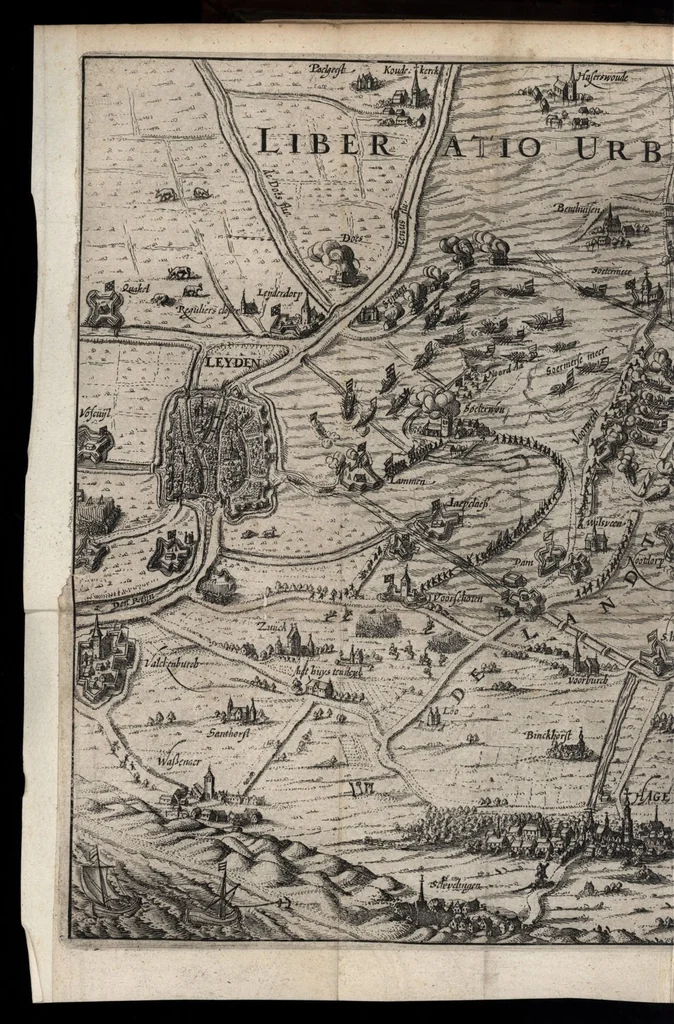 An illustration from Beschrijvinge der stadt Leyden : inhoudende 't begin, den voortgang, ende den wasdom der selver ... : in desen tweeden druck, boven vele vermeerderingen, vergroot met een derde deel, inhoudende den staet ende regeringe der stad Leyden ..., 1641, leaf 577