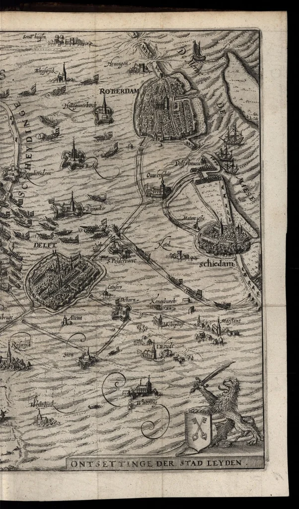 An illustration from Beschrijvinge der stadt Leyden : inhoudende 't begin, den voortgang, ende den wasdom der selver ... : in desen tweeden druck, boven vele vermeerderingen, vergroot met een derde deel, inhoudende den staet ende regeringe der stad Leyden ..., 1641, leaf 578