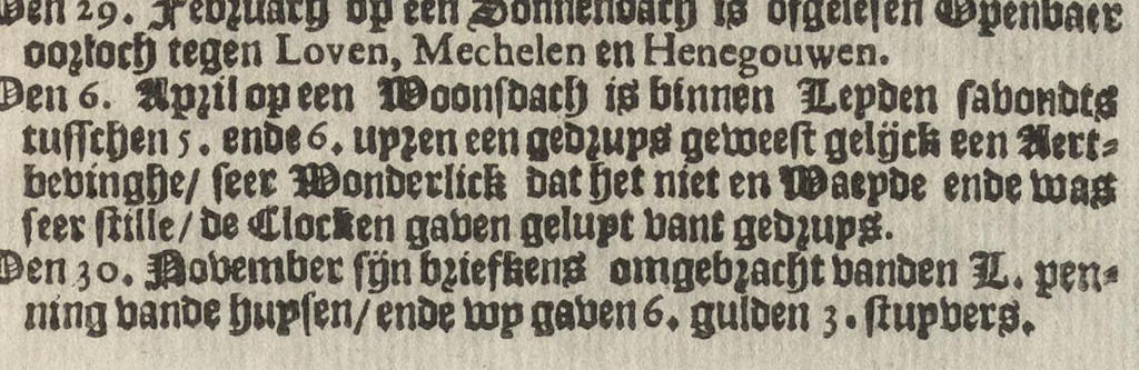 An illustration from Beschrijvinge der stadt Leyden : inhoudende 't begin, den voortgang, ende den wasdom der selver ... : in desen tweeden druck, boven vele vermeerderingen, vergroot met een derde deel, inhoudende den staet ende regeringe der stad Leyden ..., 1641, leaf 618