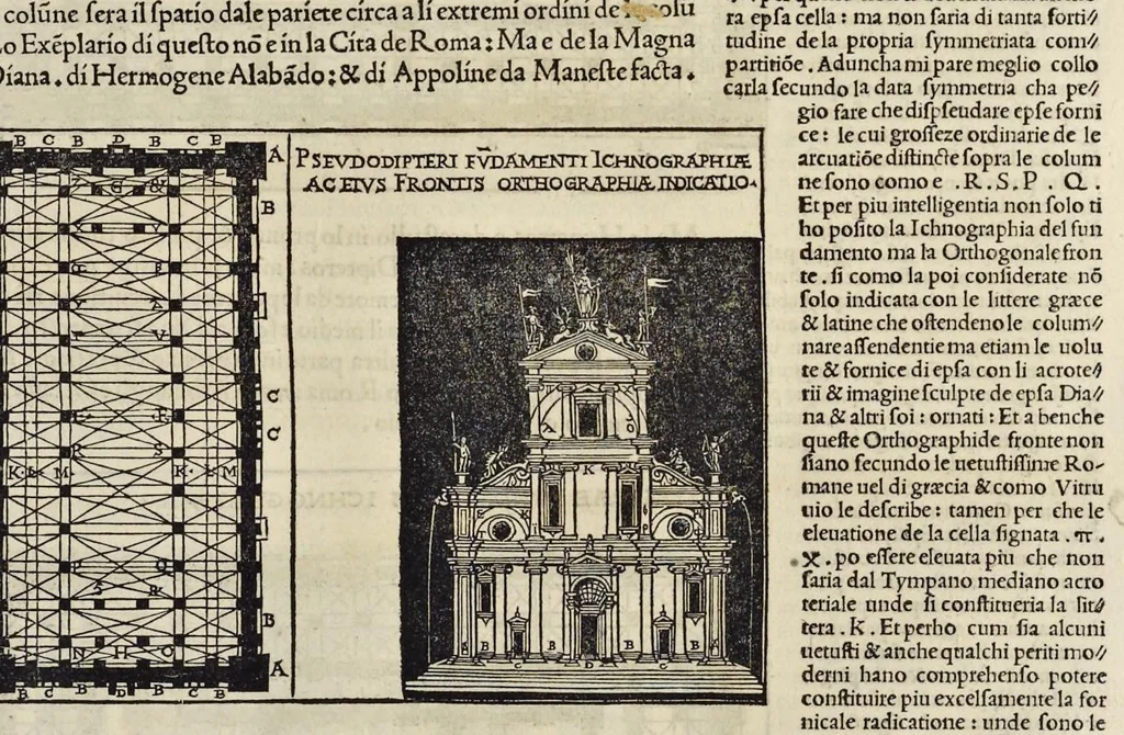 An illustration from Di Lucio Vitruuio Pollione De architectura libri dece : traducti de latino in vulgare, affigurati, cõmentati, & con mirando ordine insigniti: per il quale facilmente potrai trouare la multitudine de li abstrusi & reconditi vocabuli a li soi loci & in epsa tabula con summo studio expositi & enucleati ad immensa utilitate de ciascuno studioso & beniuolo di epsa opera, 1521, leaf 122