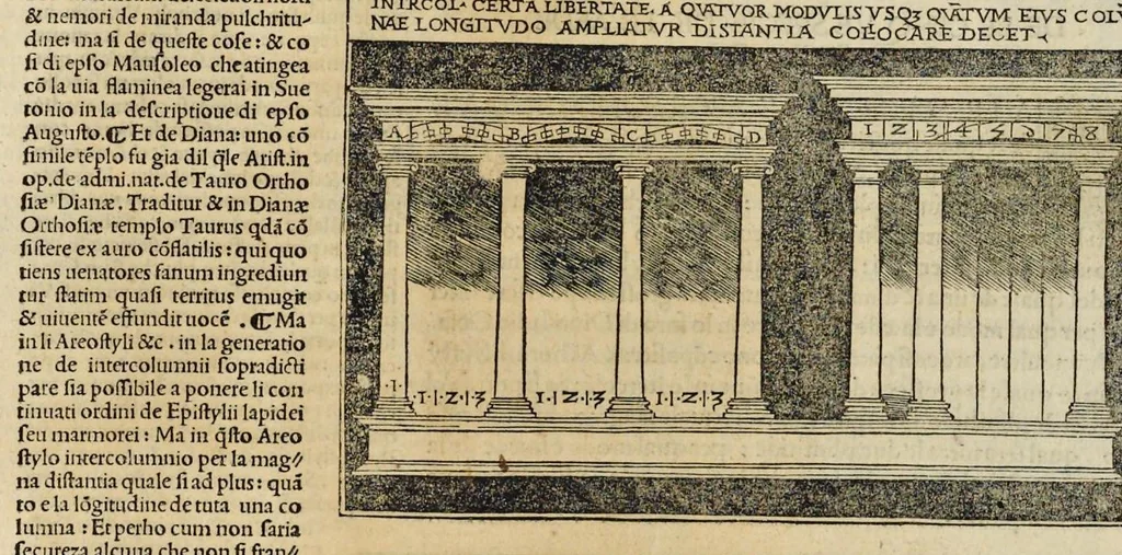 An illustration from Di Lucio Vitruuio Pollione De architectura libri dece : traducti de latino in vulgare, affigurati, cõmentati, & con mirando ordine insigniti: per il quale facilmente potrai trouare la multitudine de li abstrusi & reconditi vocabuli a li soi loci & in epsa tabula con summo studio expositi & enucleati ad immensa utilitate de ciascuno studioso & beniuolo di epsa opera, 1521, leaf 125