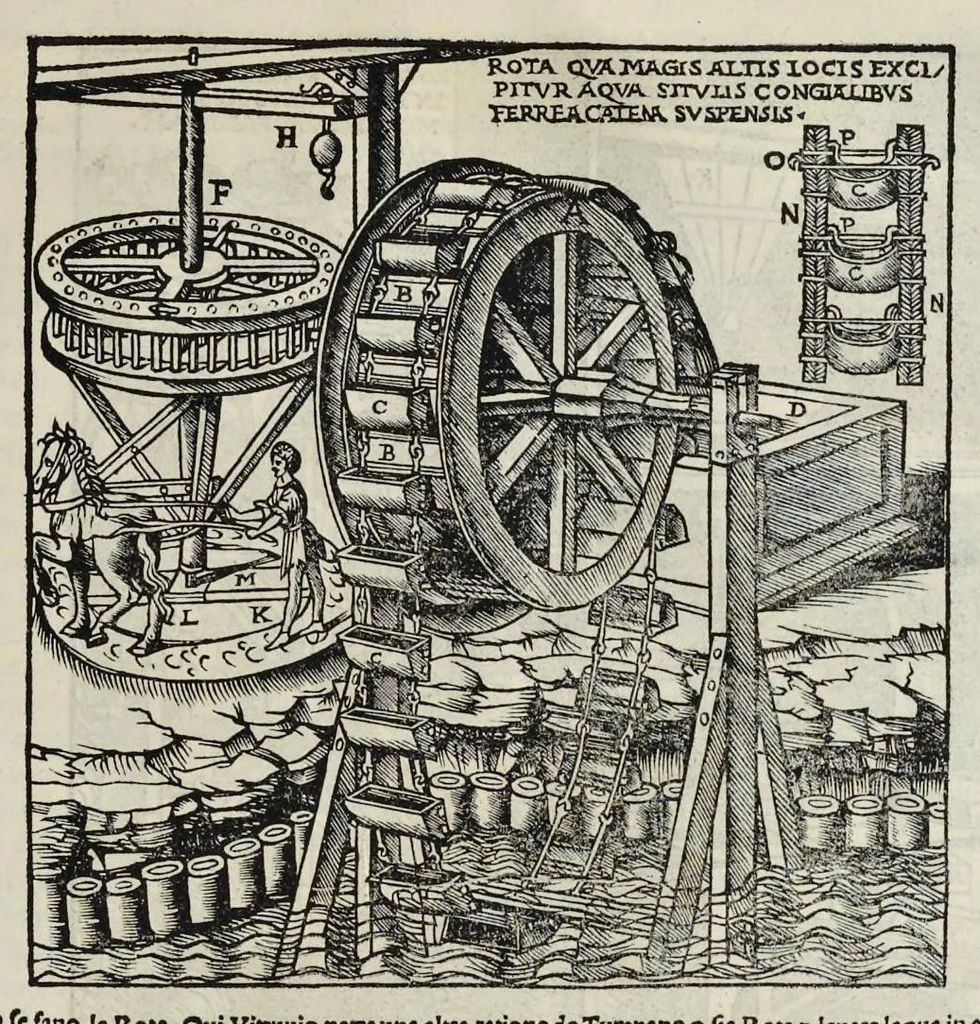 An illustration from Di Lucio Vitruuio Pollione De architectura libri dece : traducti de latino in vulgare, affigurati, cõmentati, & con mirando ordine insigniti: per il quale facilmente potrai trouare la multitudine de li abstrusi & reconditi vocabuli a li soi loci & in epsa tabula con summo studio expositi & enucleati ad immensa utilitate de ciascuno studioso & beniuolo di epsa opera, 1521, leaf 356