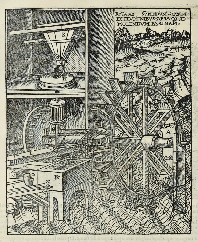 An illustration from Di Lucio Vitruuio Pollione De architectura libri dece : traducti de latino in vulgare, affigurati, cõmentati, & con mirando ordine insigniti: per il quale facilmente potrai trouare la multitudine de li abstrusi & reconditi vocabuli a li soi loci & in epsa tabula con summo studio expositi & enucleati ad immensa utilitate de ciascuno studioso & beniuolo di epsa opera, 1521, leaf 357