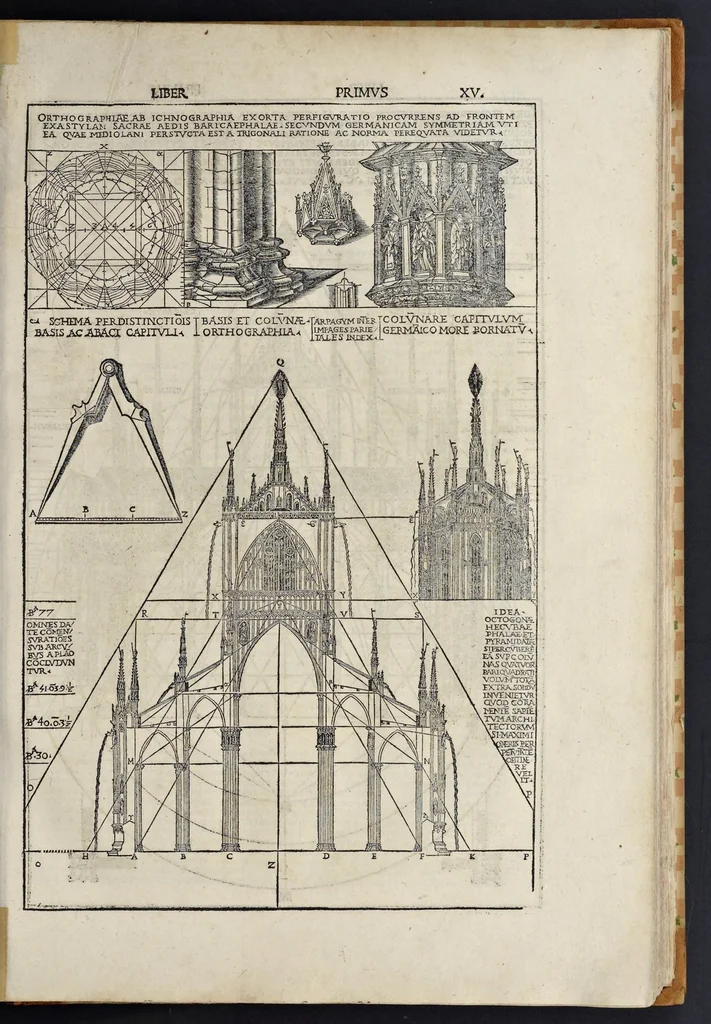An illustration from Di Lucio Vitruuio Pollione De architectura libri dece : traducti de latino in vulgare, affigurati, cõmentati, & con mirando ordine insigniti: per il quale facilmente potrai trouare la multitudine de li abstrusi & reconditi vocabuli a li soi loci & in epsa tabula con summo studio expositi & enucleati ad immensa utilitate de ciascuno studioso & beniuolo di epsa opera, 1521, leaf 48