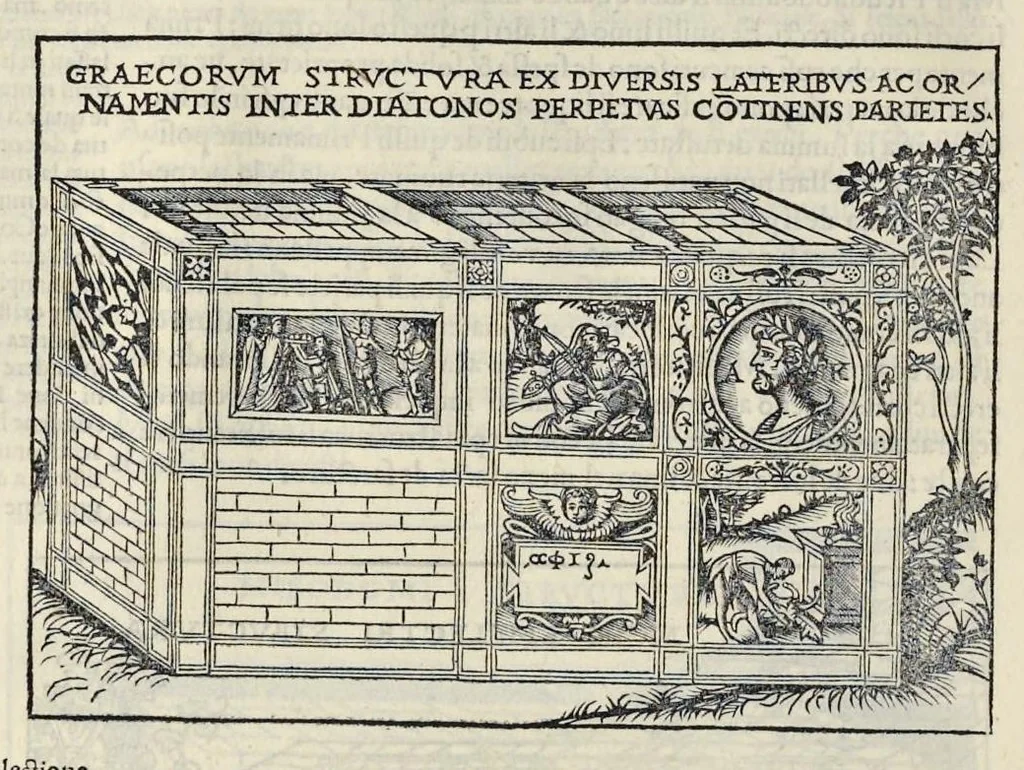 An illustration from Di Lucio Vitruuio Pollione De architectura libri dece : traducti de latino in vulgare, affigurati, cõmentati, & con mirando ordine insigniti: per il quale facilmente potrai trouare la multitudine de li abstrusi & reconditi vocabuli a li soi loci & in epsa tabula con summo studio expositi & enucleati ad immensa utilitate de ciascuno studioso & beniuolo di epsa opera, 1521, leaf 97