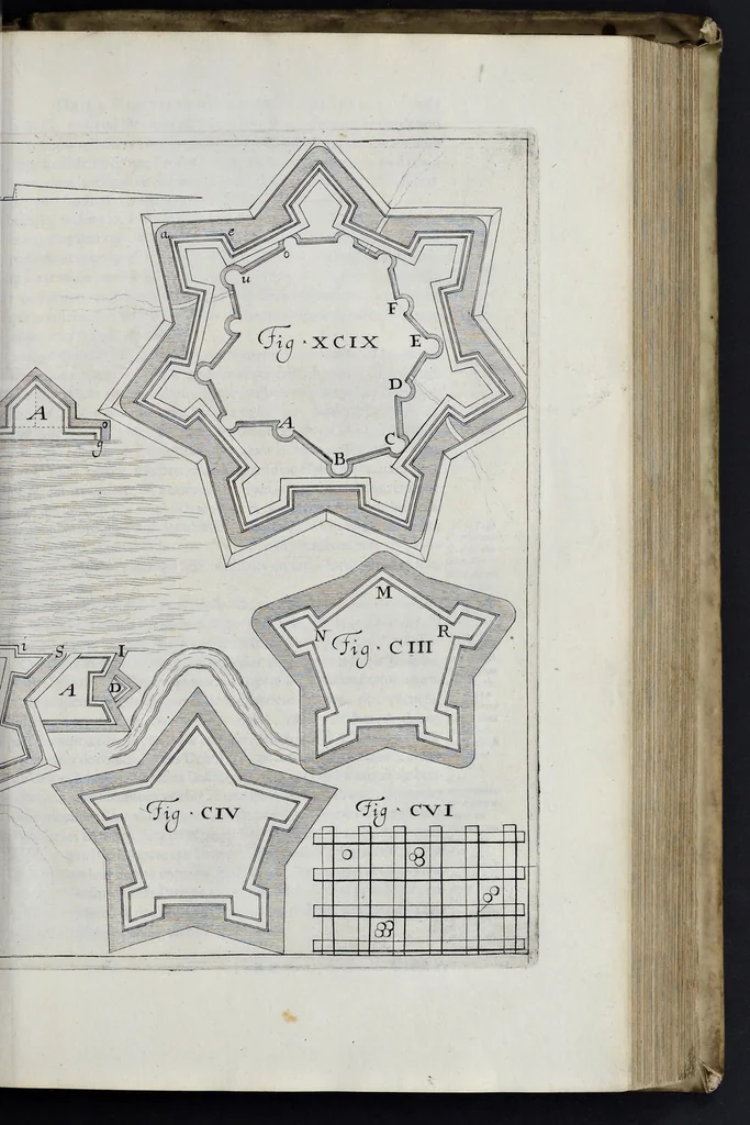 An illustration from L'architecture militaire moderne, ou, Fortification : confirmée par diverses histoires tant anciennes que nouvelles, & enrichie des figures des principales forteresses qui sont en l'Europe, 1648, leaf 418
