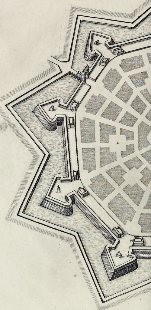 An illustration from L'architecture militaire moderne, ou, Fortification : confirmée par diverses histoires tant anciennes que nouvelles, & enrichie des figures des principales forteresses qui sont en l'Europe, 1648, leaf 69