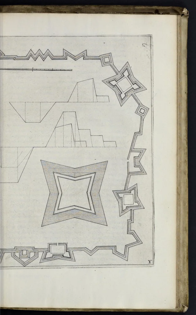 An illustration from L'architecture militaire moderne, ou, Fortification : confirmée par diverses histoires tant anciennes que nouvelles, & enrichie des figures des principales forteresses qui sont en l'Europe, 1648, leaf 754