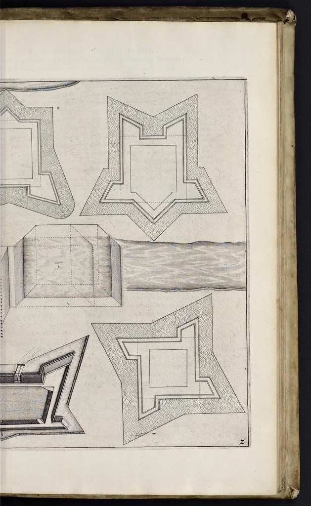 An illustration from L'architecture militaire moderne, ou, Fortification : confirmée par diverses histoires tant anciennes que nouvelles, & enrichie des figures des principales forteresses qui sont en l'Europe, 1648, leaf 762