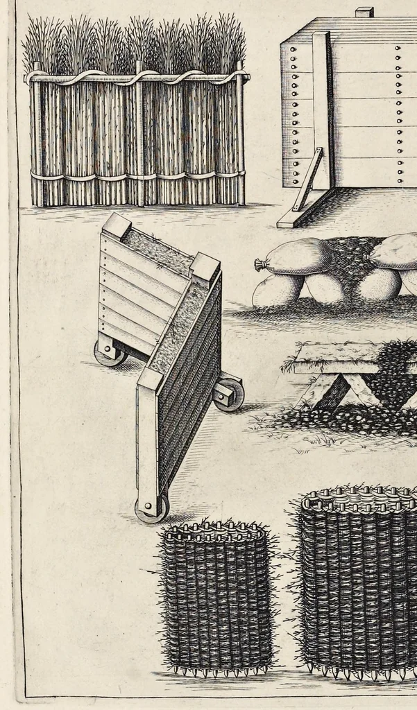 An illustration from L'architecture militaire moderne, ou, Fortification : confirmée par diverses histoires tant anciennes que nouvelles, & enrichie des figures des principales forteresses qui sont en l'Europe, 1648, leaf 777