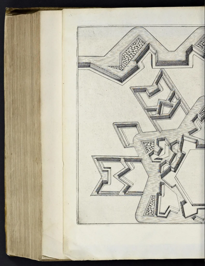 An illustration from L'architecture militaire moderne, ou, Fortification : confirmée par diverses histoires tant anciennes que nouvelles, & enrichie des figures des principales forteresses qui sont en l'Europe, 1648, leaf 849