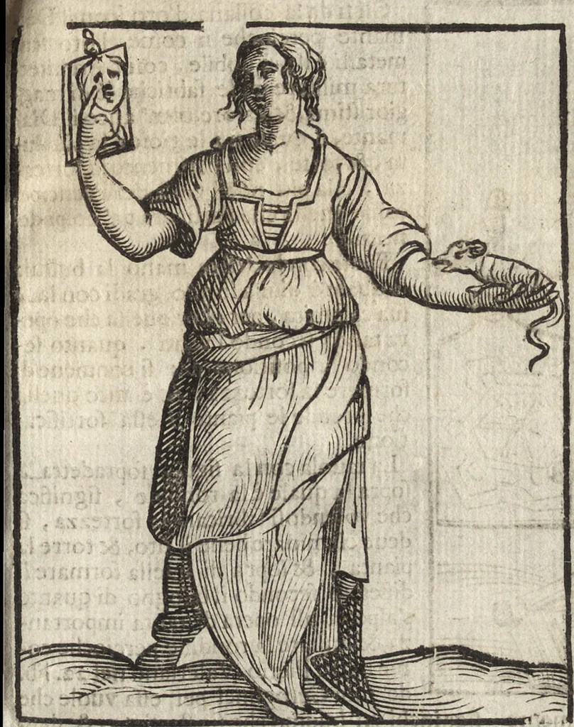 An illustration from Iconologia di Cesare Ripa perugino, caualier de' santi Mauritio & Lazaro. Divisa in tre libri, ne i quali si esprimono varie imagini di virtù, vitij, passioni humane, affetti, atti, discipline, humori, elementi, corpi celesti, prouincie d'Italia, fiumi, & altre materie infinite vtili ad ogni stato di persone. Ampliata dal sig. cav. Gio. Zaratino Castellini romano in questa vltima editione di imagini & discorsi, con indici copiosi, & ricorretta, 1669, leaf 100