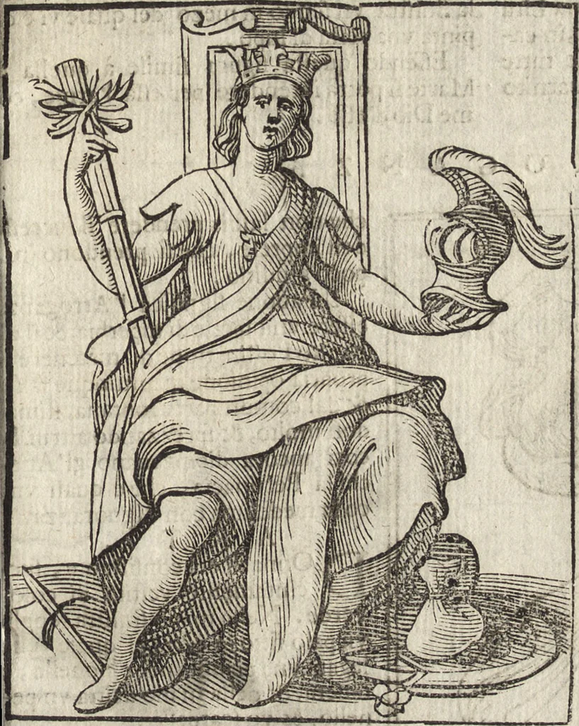 An illustration from Iconologia di Cesare Ripa perugino, caualier de' santi Mauritio & Lazaro. Divisa in tre libri, ne i quali si esprimono varie imagini di virtù, vitij, passioni humane, affetti, atti, discipline, humori, elementi, corpi celesti, prouincie d'Italia, fiumi, & altre materie infinite vtili ad ogni stato di persone. Ampliata dal sig. cav. Gio. Zaratino Castellini romano in questa vltima editione di imagini & discorsi, con indici copiosi, & ricorretta, 1669, leaf 104