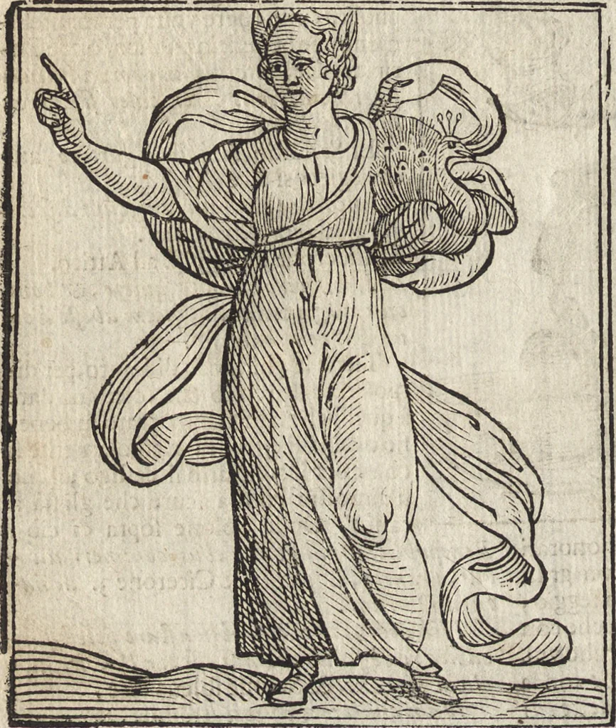 An illustration from Iconologia di Cesare Ripa perugino, caualier de' santi Mauritio & Lazaro. Divisa in tre libri, ne i quali si esprimono varie imagini di virtù, vitij, passioni humane, affetti, atti, discipline, humori, elementi, corpi celesti, prouincie d'Italia, fiumi, & altre materie infinite vtili ad ogni stato di persone. Ampliata dal sig. cav. Gio. Zaratino Castellini romano in questa vltima editione di imagini & discorsi, con indici copiosi, & ricorretta, 1669, leaf 105