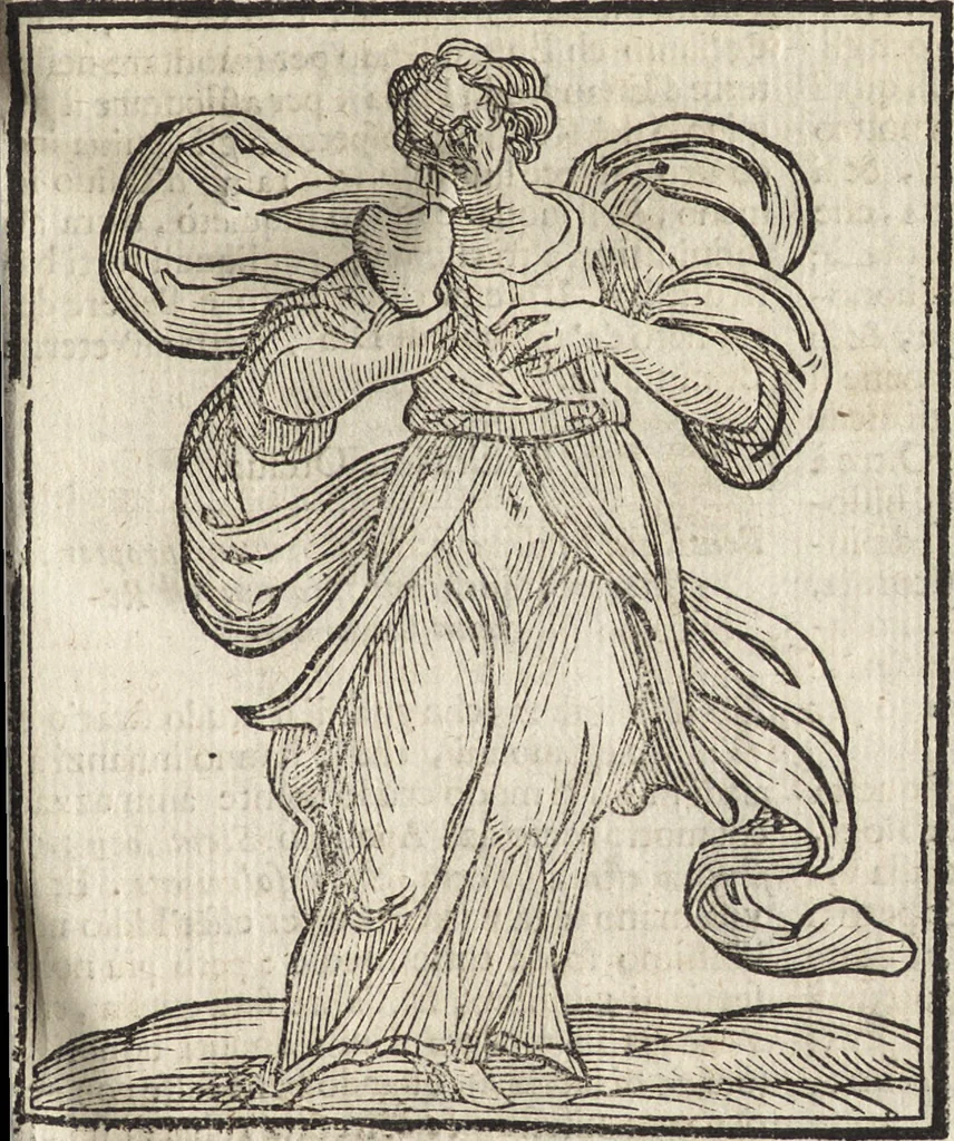 An illustration from Iconologia di Cesare Ripa perugino, caualier de' santi Mauritio & Lazaro. Divisa in tre libri, ne i quali si esprimono varie imagini di virtù, vitij, passioni humane, affetti, atti, discipline, humori, elementi, corpi celesti, prouincie d'Italia, fiumi, & altre materie infinite vtili ad ogni stato di persone. Ampliata dal sig. cav. Gio. Zaratino Castellini romano in questa vltima editione di imagini & discorsi, con indici copiosi, & ricorretta, 1669, leaf 118