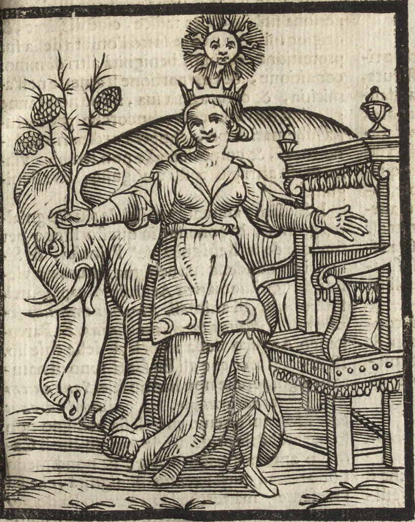 An illustration from Iconologia di Cesare Ripa perugino, caualier de' santi Mauritio & Lazaro. Divisa in tre libri, ne i quali si esprimono varie imagini di virtù, vitij, passioni humane, affetti, atti, discipline, humori, elementi, corpi celesti, prouincie d'Italia, fiumi, & altre materie infinite vtili ad ogni stato di persone. Ampliata dal sig. cav. Gio. Zaratino Castellini romano in questa vltima editione di imagini & discorsi, con indici copiosi, & ricorretta, 1669, leaf 130