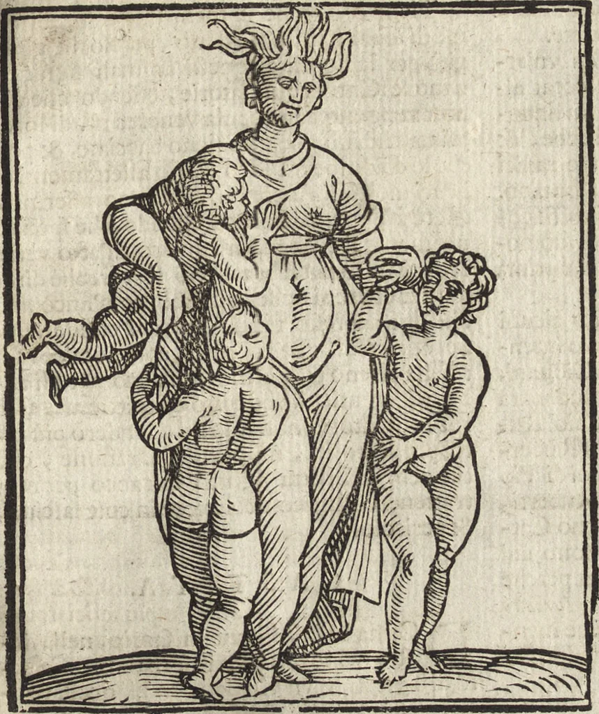 An illustration from Iconologia di Cesare Ripa perugino, caualier de' santi Mauritio & Lazaro. Divisa in tre libri, ne i quali si esprimono varie imagini di virtù, vitij, passioni humane, affetti, atti, discipline, humori, elementi, corpi celesti, prouincie d'Italia, fiumi, & altre materie infinite vtili ad ogni stato di persone. Ampliata dal sig. cav. Gio. Zaratino Castellini romano in questa vltima editione di imagini & discorsi, con indici copiosi, & ricorretta, 1669, leaf 146