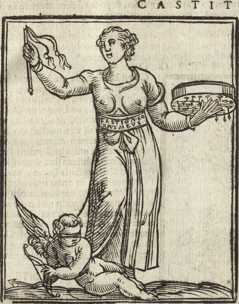 An illustration from Iconologia di Cesare Ripa perugino, caualier de' santi Mauritio & Lazaro. Divisa in tre libri, ne i quali si esprimono varie imagini di virtù, vitij, passioni humane, affetti, atti, discipline, humori, elementi, corpi celesti, prouincie d'Italia, fiumi, & altre materie infinite vtili ad ogni stato di persone. Ampliata dal sig. cav. Gio. Zaratino Castellini romano in questa vltima editione di imagini & discorsi, con indici copiosi, & ricorretta, 1669, leaf 148