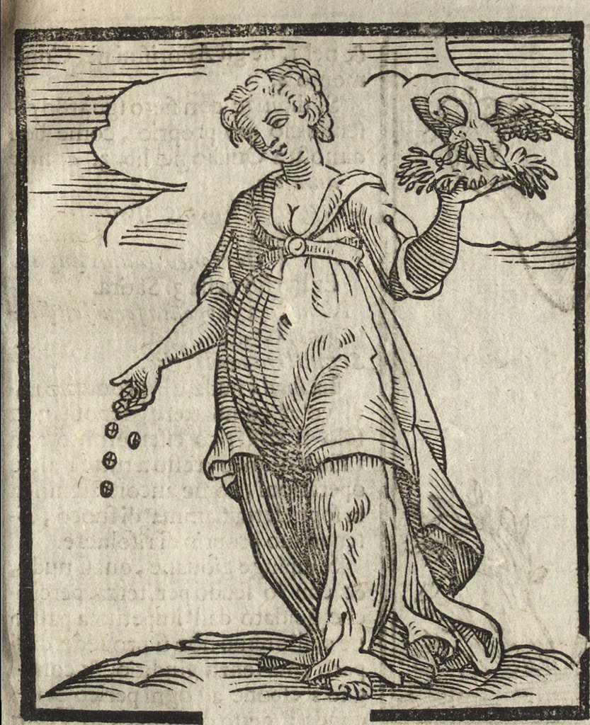 An illustration from Iconologia di Cesare Ripa perugino, caualier de' santi Mauritio & Lazaro. Divisa in tre libri, ne i quali si esprimono varie imagini di virtù, vitij, passioni humane, affetti, atti, discipline, humori, elementi, corpi celesti, prouincie d'Italia, fiumi, & altre materie infinite vtili ad ogni stato di persone. Ampliata dal sig. cav. Gio. Zaratino Castellini romano in questa vltima editione di imagini & discorsi, con indici copiosi, & ricorretta, 1669, leaf 156