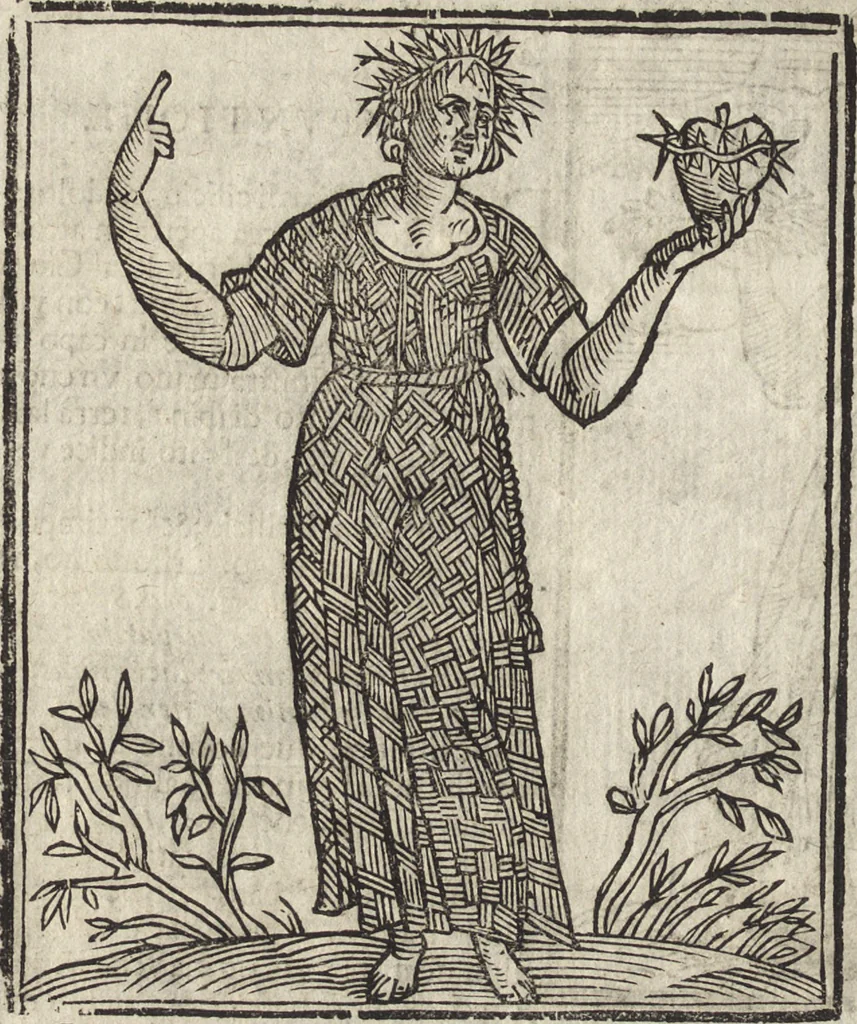 An illustration from Iconologia di Cesare Ripa perugino, caualier de' santi Mauritio & Lazaro. Divisa in tre libri, ne i quali si esprimono varie imagini di virtù, vitij, passioni humane, affetti, atti, discipline, humori, elementi, corpi celesti, prouincie d'Italia, fiumi, & altre materie infinite vtili ad ogni stato di persone. Ampliata dal sig. cav. Gio. Zaratino Castellini romano in questa vltima editione di imagini & discorsi, con indici copiosi, & ricorretta, 1669, leaf 157