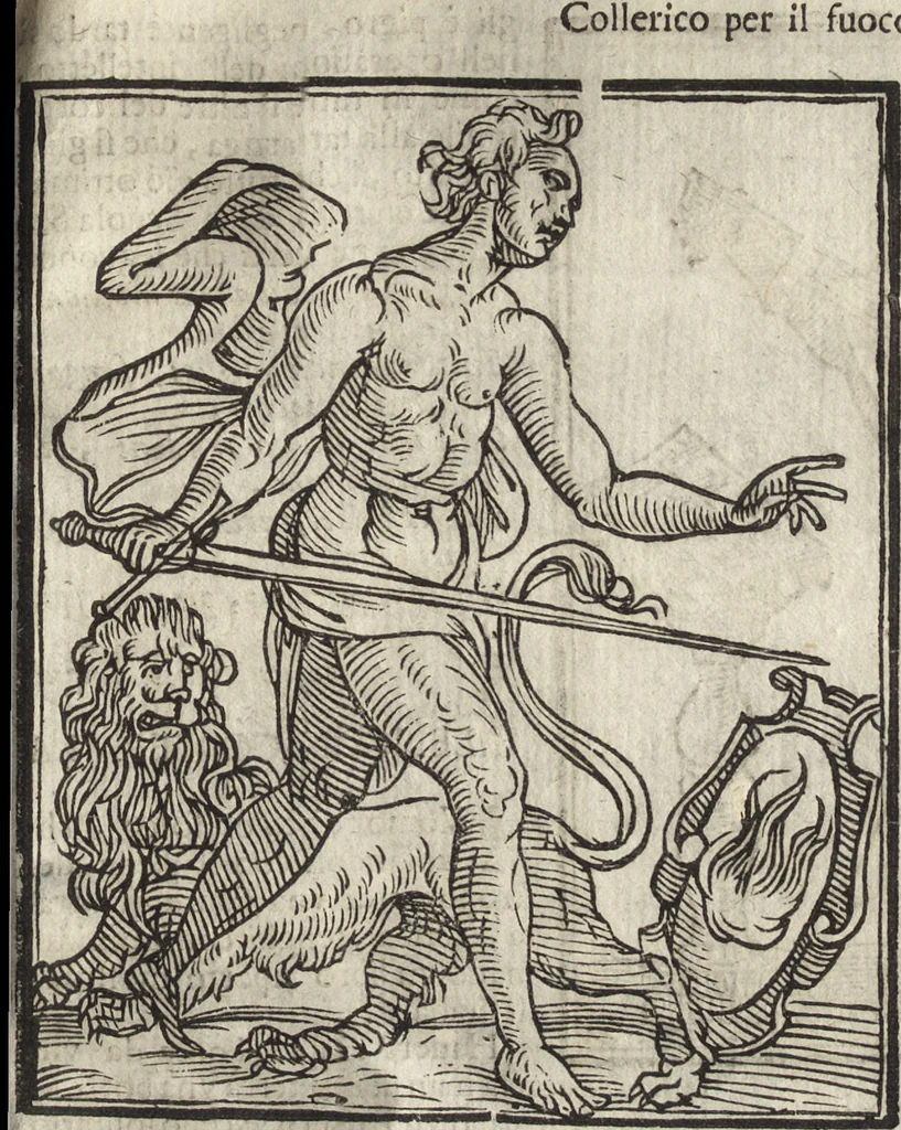 An illustration from Iconologia di Cesare Ripa perugino, caualier de' santi Mauritio & Lazaro. Divisa in tre libri, ne i quali si esprimono varie imagini di virtù, vitij, passioni humane, affetti, atti, discipline, humori, elementi, corpi celesti, prouincie d'Italia, fiumi, & altre materie infinite vtili ad ogni stato di persone. Ampliata dal sig. cav. Gio. Zaratino Castellini romano in questa vltima editione di imagini & discorsi, con indici copiosi, & ricorretta, 1669, leaf 158