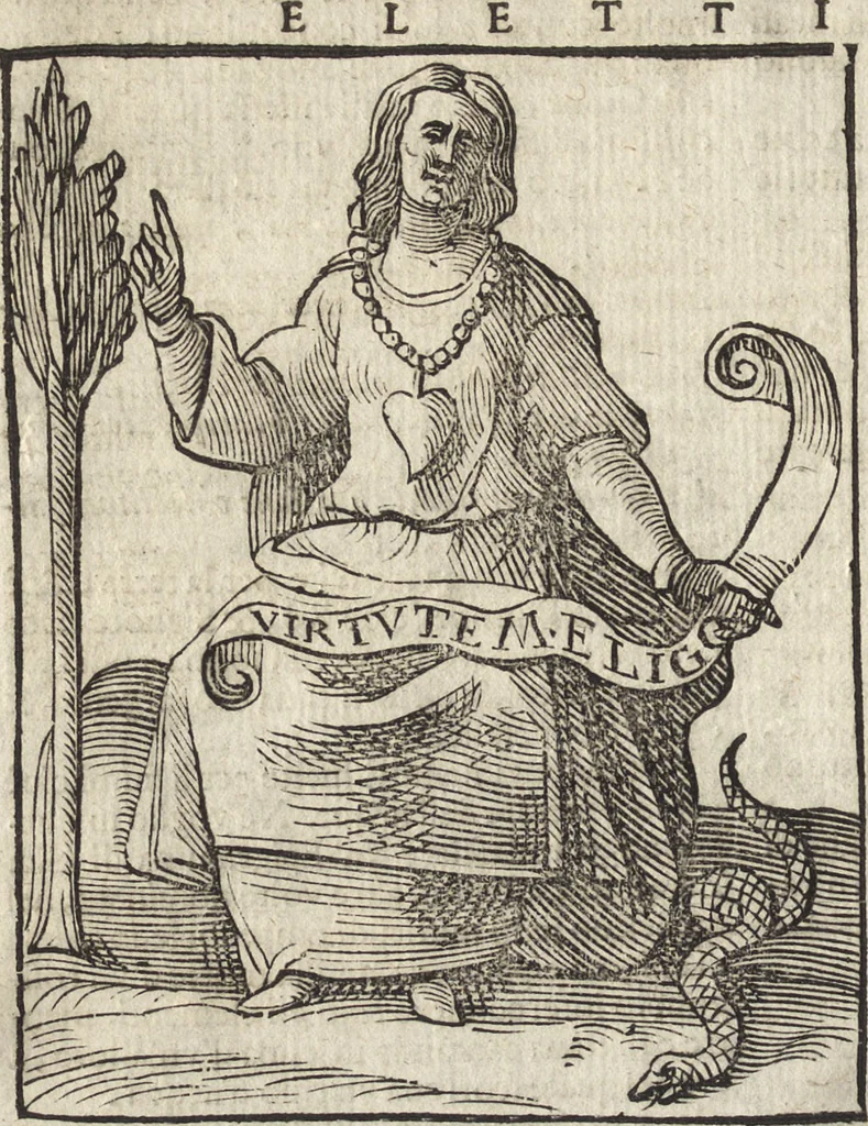 An illustration from Iconologia di Cesare Ripa perugino, caualier de' santi Mauritio & Lazaro. Divisa in tre libri, ne i quali si esprimono varie imagini di virtù, vitij, passioni humane, affetti, atti, discipline, humori, elementi, corpi celesti, prouincie d'Italia, fiumi, & altre materie infinite vtili ad ogni stato di persone. Ampliata dal sig. cav. Gio. Zaratino Castellini romano in questa vltima editione di imagini & discorsi, con indici copiosi, & ricorretta, 1669, leaf 235
