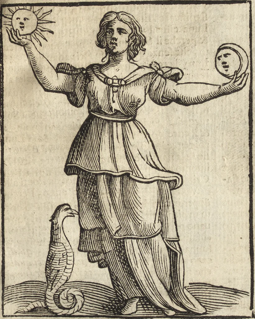 An illustration from Iconologia di Cesare Ripa perugino, caualier de' santi Mauritio & Lazaro. Divisa in tre libri, ne i quali si esprimono varie imagini di virtù, vitij, passioni humane, affetti, atti, discipline, humori, elementi, corpi celesti, prouincie d'Italia, fiumi, & altre materie infinite vtili ad ogni stato di persone. Ampliata dal sig. cav. Gio. Zaratino Castellini romano in questa vltima editione di imagini & discorsi, con indici copiosi, & ricorretta, 1669, leaf 246