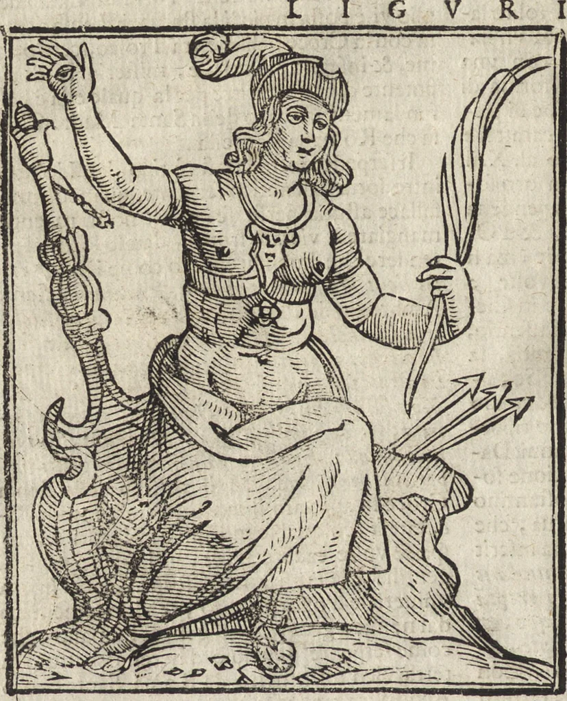 An illustration from Iconologia di Cesare Ripa perugino, caualier de' santi Mauritio & Lazaro. Divisa in tre libri, ne i quali si esprimono varie imagini di virtù, vitij, passioni humane, affetti, atti, discipline, humori, elementi, corpi celesti, prouincie d'Italia, fiumi, & altre materie infinite vtili ad ogni stato di persone. Ampliata dal sig. cav. Gio. Zaratino Castellini romano in questa vltima editione di imagini & discorsi, con indici copiosi, & ricorretta, 1669, leaf 381