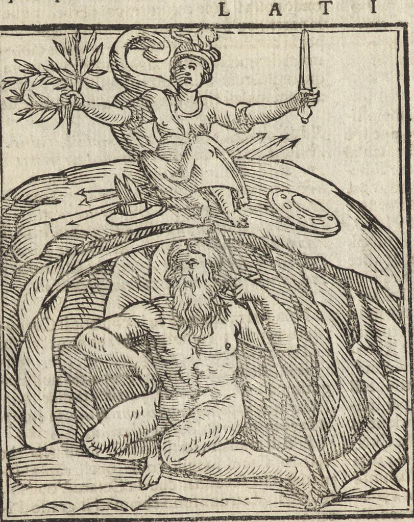 An illustration from Iconologia di Cesare Ripa perugino, caualier de' santi Mauritio & Lazaro. Divisa in tre libri, ne i quali si esprimono varie imagini di virtù, vitij, passioni humane, affetti, atti, discipline, humori, elementi, corpi celesti, prouincie d'Italia, fiumi, & altre materie infinite vtili ad ogni stato di persone. Ampliata dal sig. cav. Gio. Zaratino Castellini romano in questa vltima editione di imagini & discorsi, con indici copiosi, & ricorretta, 1669, leaf 387
