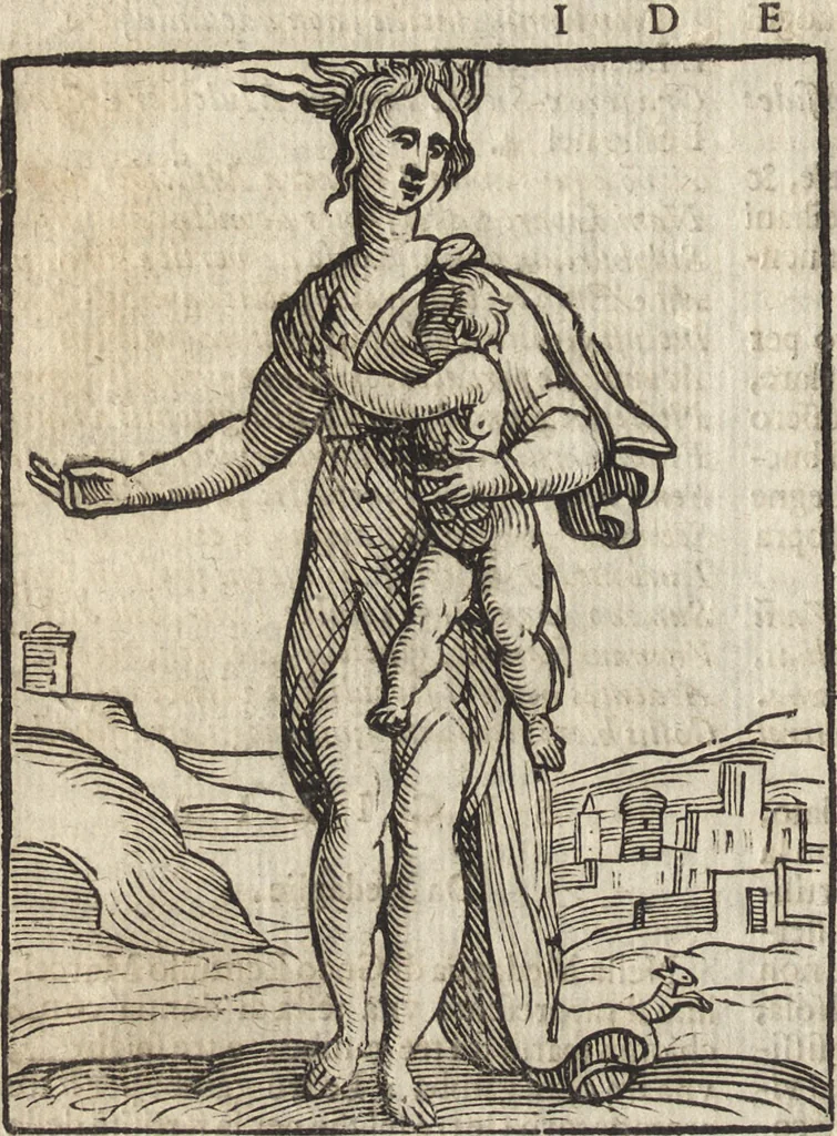 An illustration from Iconologia di Cesare Ripa perugino, caualier de' santi Mauritio & Lazaro. Divisa in tre libri, ne i quali si esprimono varie imagini di virtù, vitij, passioni humane, affetti, atti, discipline, humori, elementi, corpi celesti, prouincie d'Italia, fiumi, & altre materie infinite vtili ad ogni stato di persone. Ampliata dal sig. cav. Gio. Zaratino Castellini romano in questa vltima editione di imagini & discorsi, con indici copiosi, & ricorretta, 1669, leaf 423